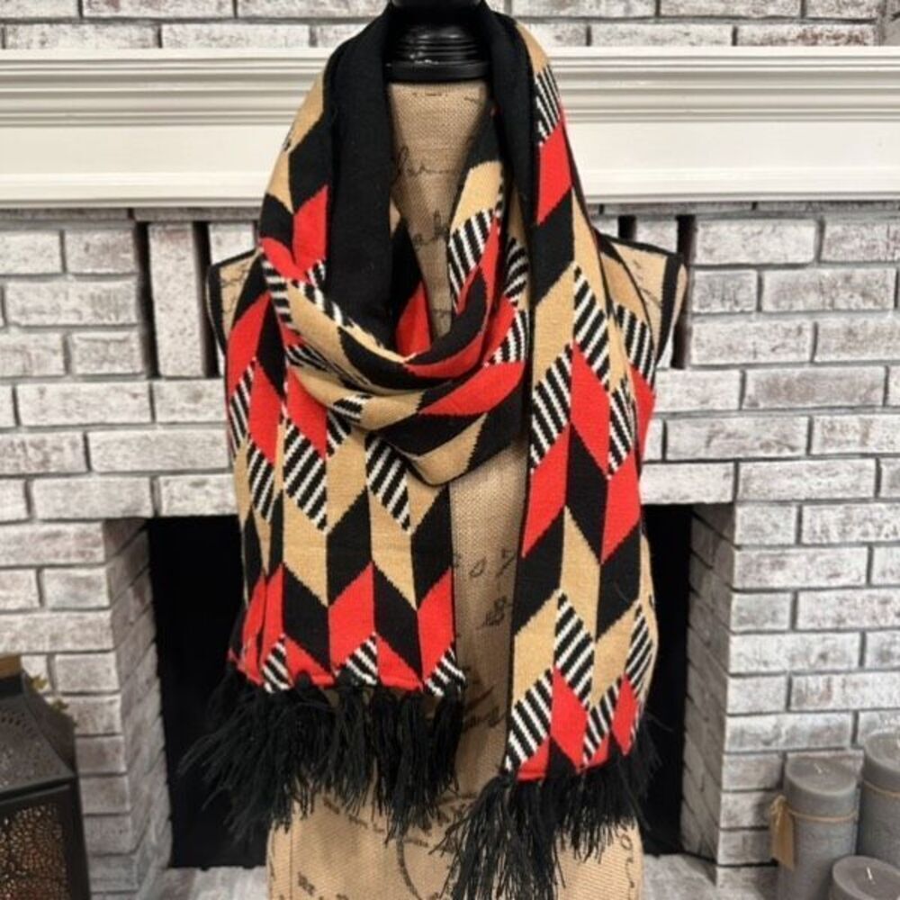 Vera Bradley Red Black Chevron Jacquard Knit Fringe Scarf‎ Winter Black Red Tan